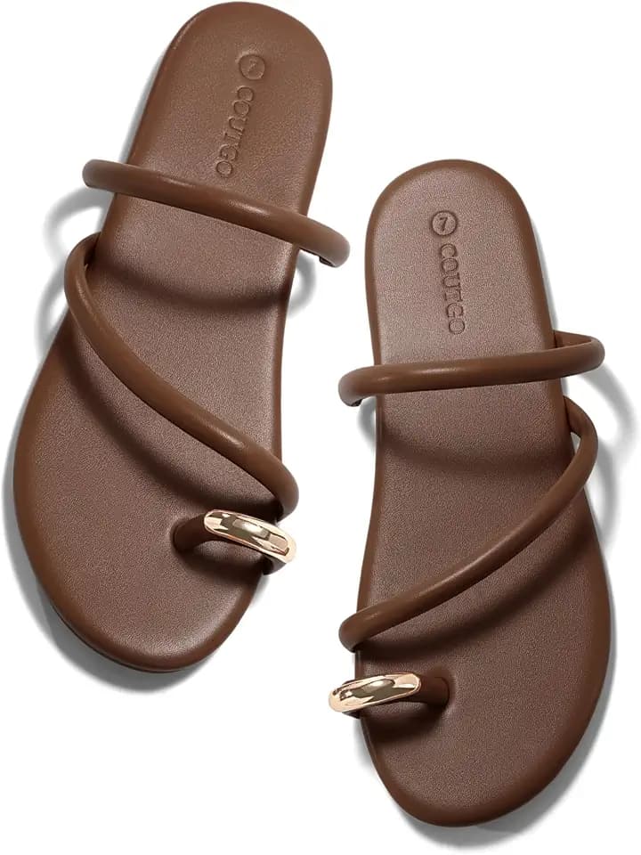 Coutgo Womens Strappy Flat Sandals Square Open Toe Flip Flops Slides Toe Ring Summer Dress Shoes