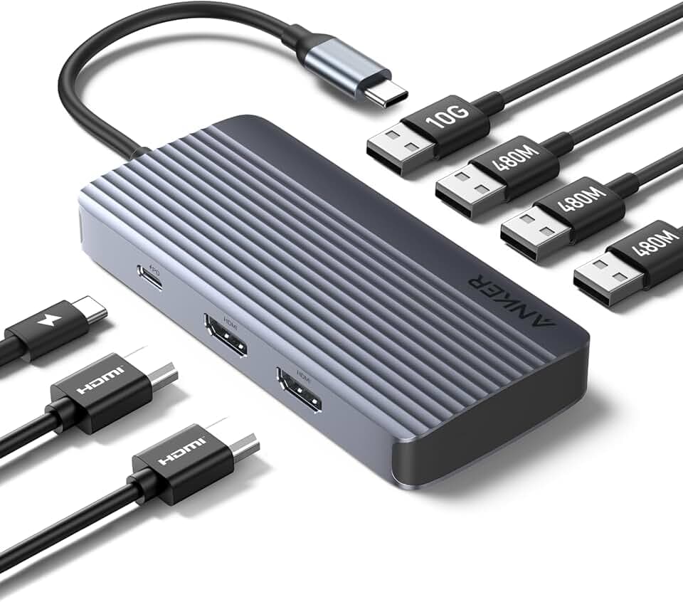 Anker 7-in-1 USB-C Hub, Dual Display USB-C Docking Station, Dual HDMI Display, 100W Stromzufuhr, 10Gbit/s Datenübertragungen, USB-Anschlüsse für MacBook Air/Pro, Dell XPS, iPad Pro und mehr