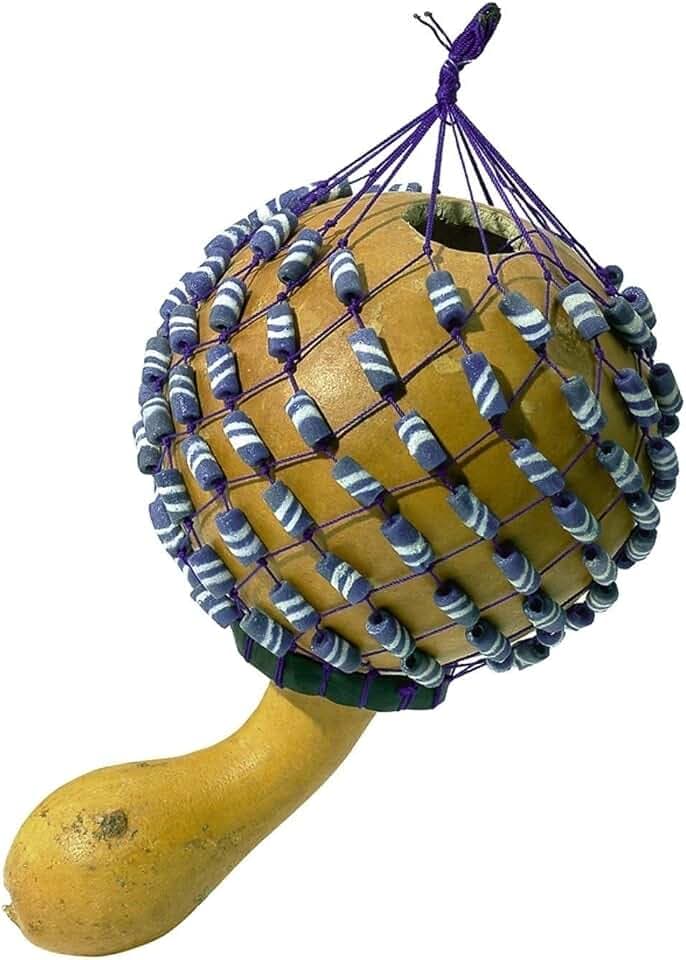 Gewa Shekere - Kalebassenfrucht - Netz aus Kunststoffperlen - Durchmesser ca. 5-7 cm - Naturkorpus – Rasselinstrument