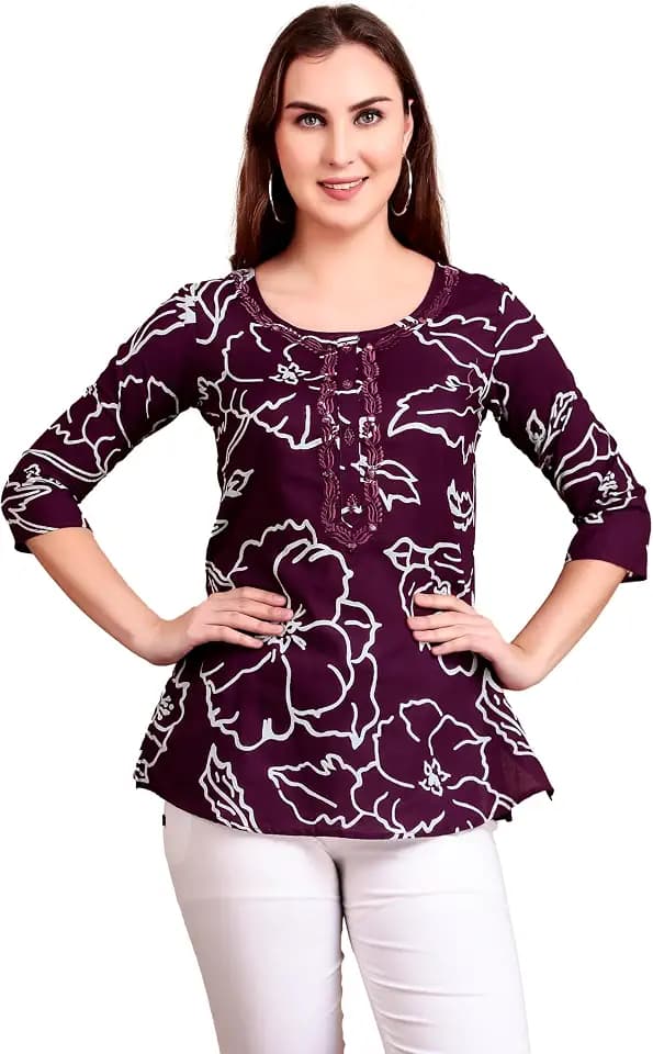 ladyline Womens Casual Cotton Tunic Top - Ethnic Printed Embroidered Jaipuri Short Kurti Kurta Indian