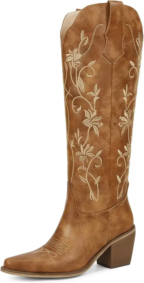 wetkiss Cowboy Boots Womens Knee High Cowgirl Boots Embroidered Pointed Toe