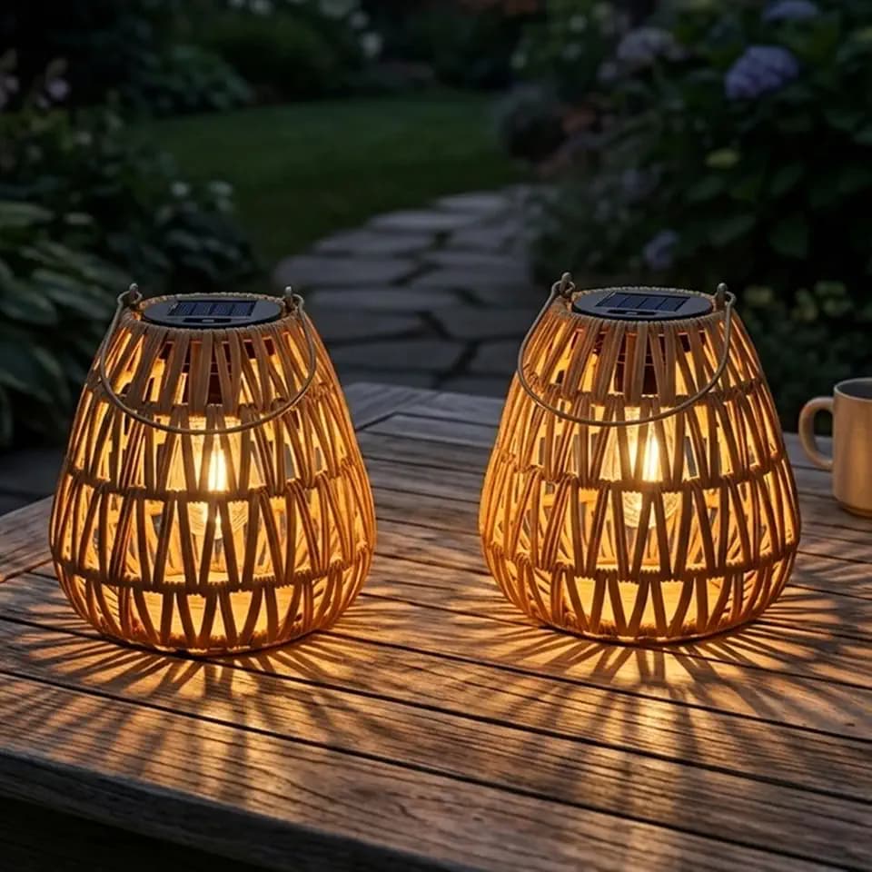 2 Pack Solar Lights Outdoor Waterproof, Rattan Solar Lantern, Hanging Outdoor Solar Lights for Yard, Outdoor Solar Lanterns Decorative, Garden Lights Solar Powered for Tree, Patio, Table Lantern Decor