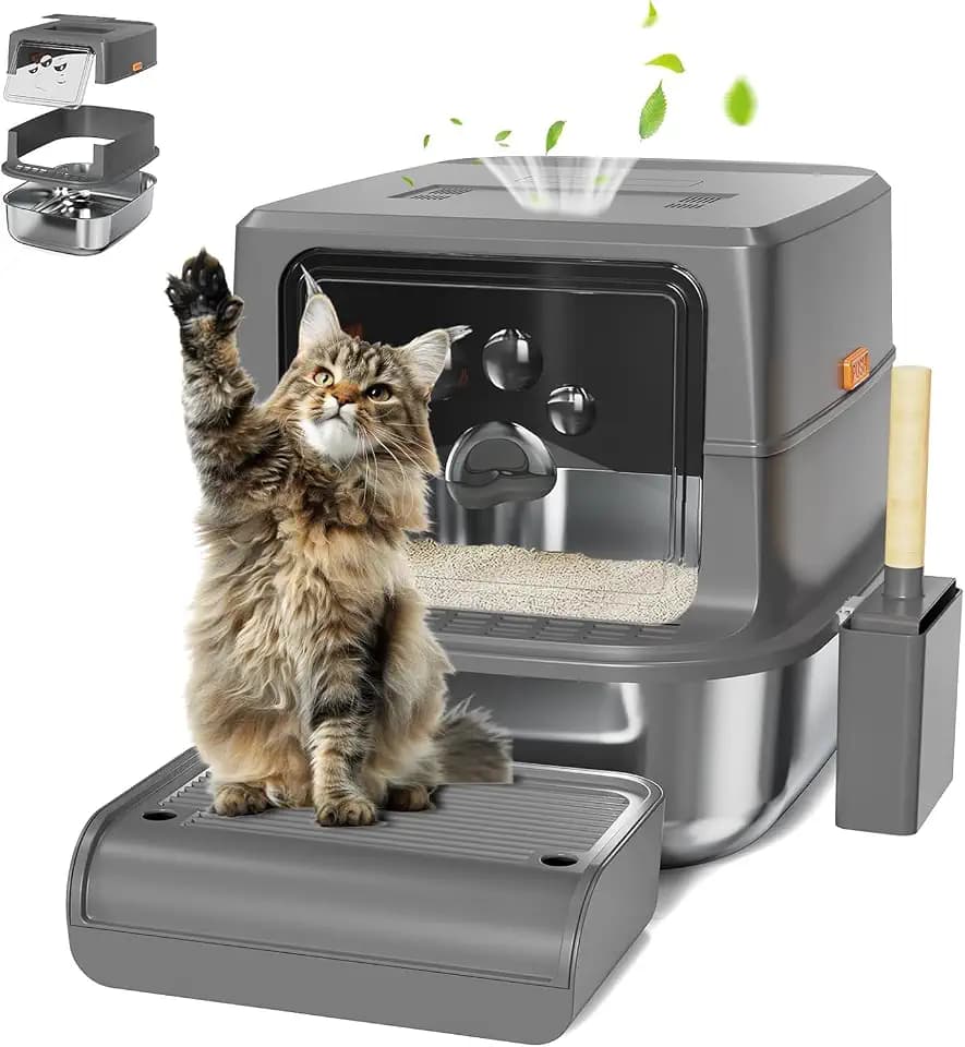 IHAYNER Katzenklo Edelstahl XXL 60x40x39cm 47L Groß Katzentoilette Edelstahl Wanne mit Deckel Metall Katzenklo Geschlossen mit Pedals, Schaufel