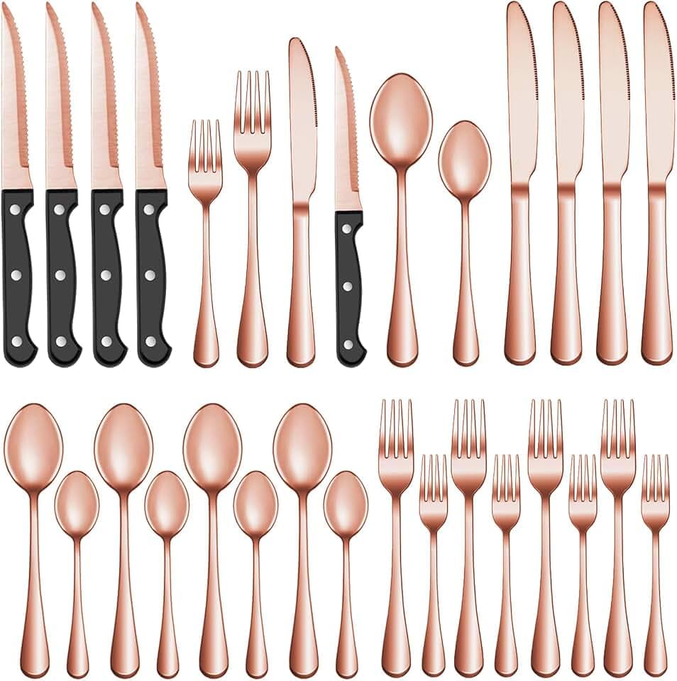 24 Pcs Rose Gold Silverware Set with Steak Knives, Stainless Steel Flatware Cutlery Set for 4, Kitchen Tableware Sets, Utensil Sets for Home and Restaurant, Dishwasher Safe