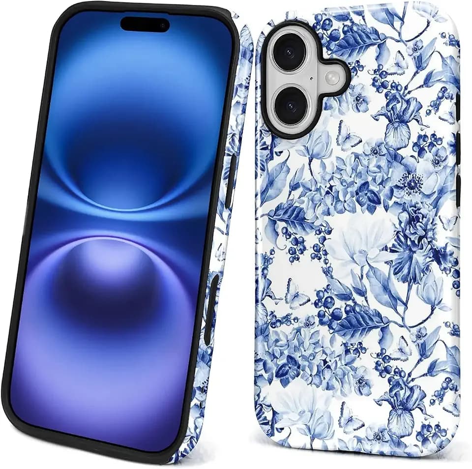 Compatible with iPhone 17 Case,Dual-Layer Protection Hard Shell with Silicone Interior,Slim Scratch Resistant Shockproof for Woman Men Blue Elegant Flower