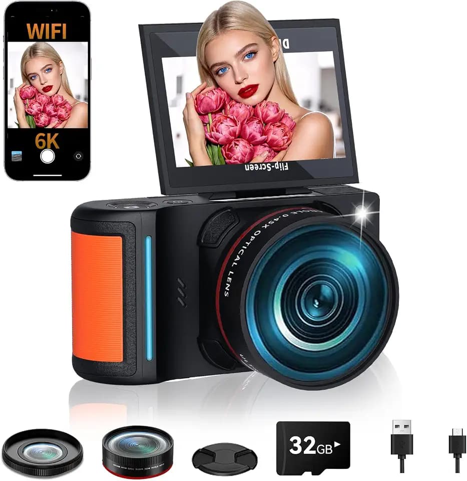 6K Digital Camera 96MP Vlogging Camera for YouTube with 3 Inch 180° Flip Screen WiFi Autofocus 18X Zoom 32GB Card Portable Travel Camera for Beginners