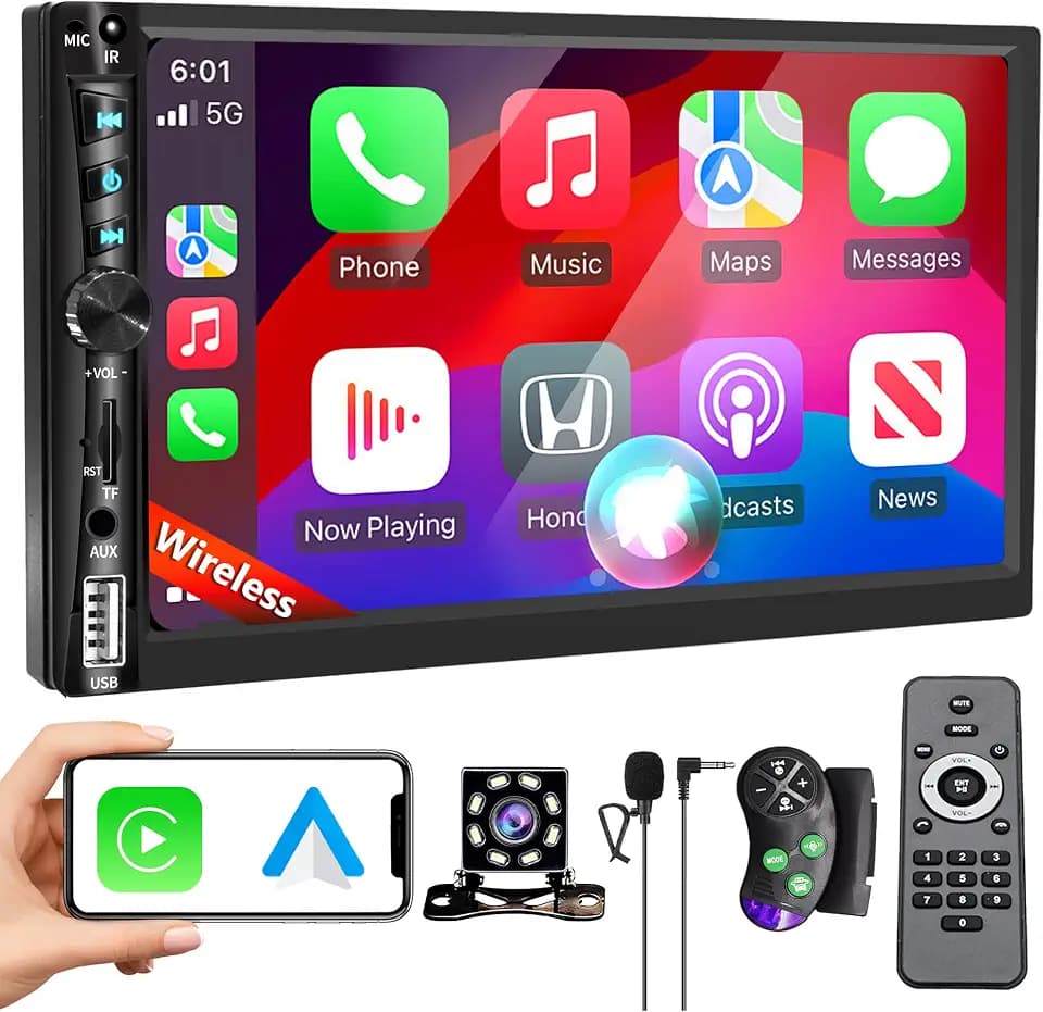 Upgrade Wireless CarPlay Double Din Car Stereo, 7 in Touchscreen Car Radio