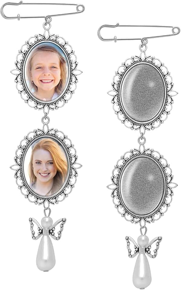 Yolev 2 Sets Wedding Bouquet Photo Charm DIY Pin Brooch Making Kit Double Lacy Frame Wedding Charm Oval Glass Cabochons Picture Frame with Pendant for Wedding Shower Bride