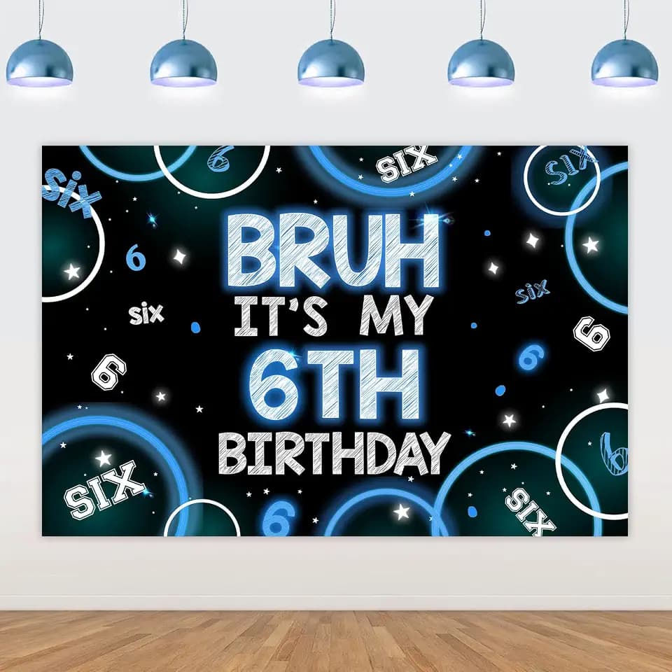 Bruh It’s My 6th Birthday Decor 4.92 * 3.28ft Bruh It’s My 6th Birthday Backdrop Banner Blue Black Sixth Birth Day Decors for Boy Happy Sixth Bday Supplies Six Years Old Photo Booth Props