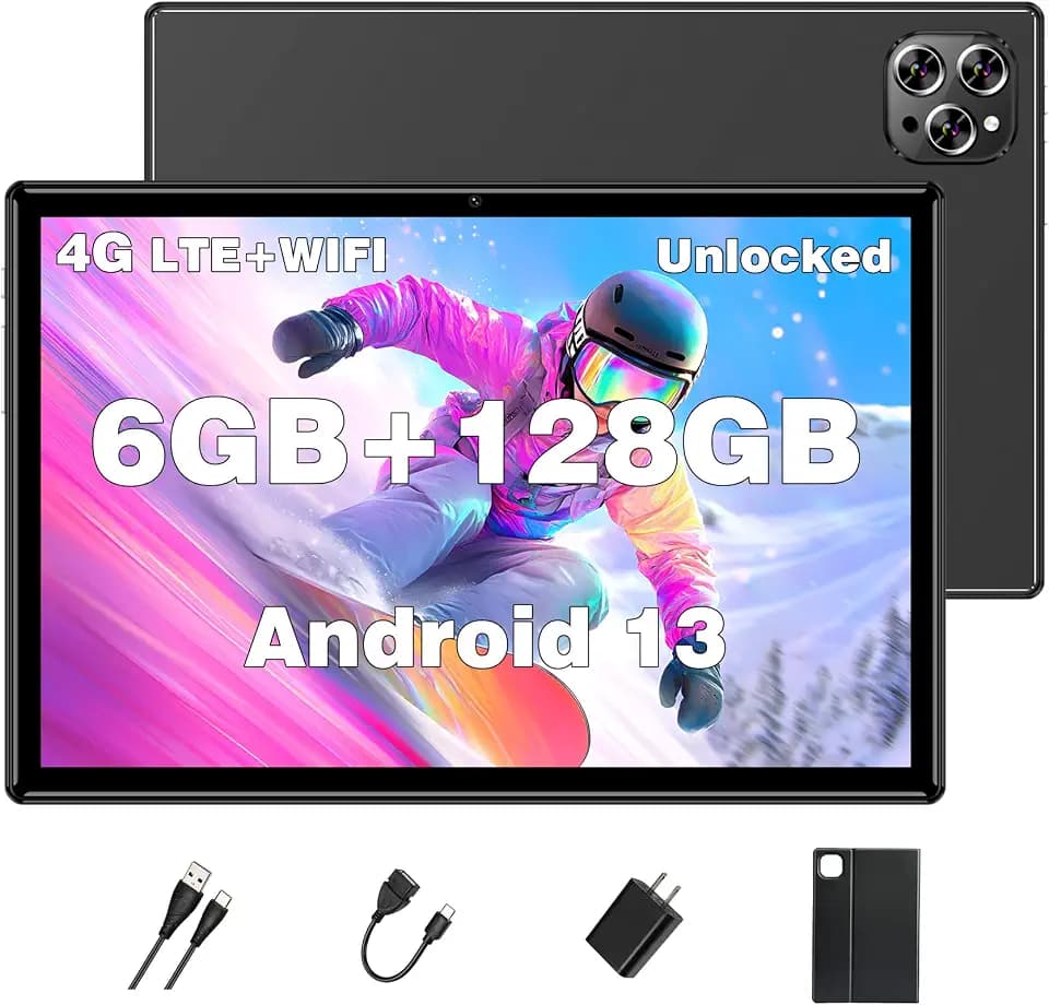 Android Tablet 10 Inch, Octa-Core Android 13 Unlocked Tablet with SIM Card Slot, 128GB ROM+6GB RAM, 5MP+13MP Camera/5G WIFI GPS/BT/6000mAh/1280*800 IPS Screen/Cellular Tablet with Case (Black)