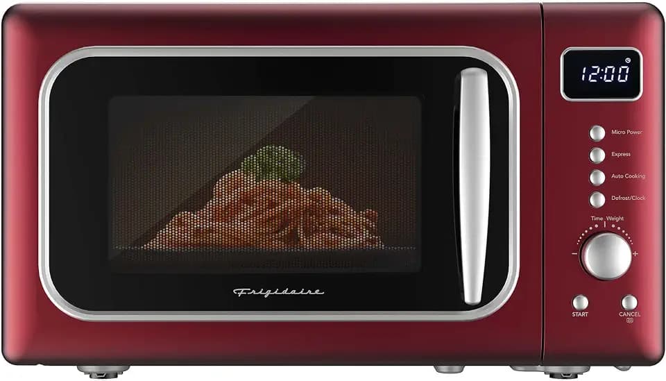Frigidaire, 0.7 Cu. Ft. Retro Countertop Microwave Oven, 700W Compact Microwave with 8 Auto Cook Menus, Auto Defrost, 5 Power Levels, LED Display, Glass Turntable, Red-Silver