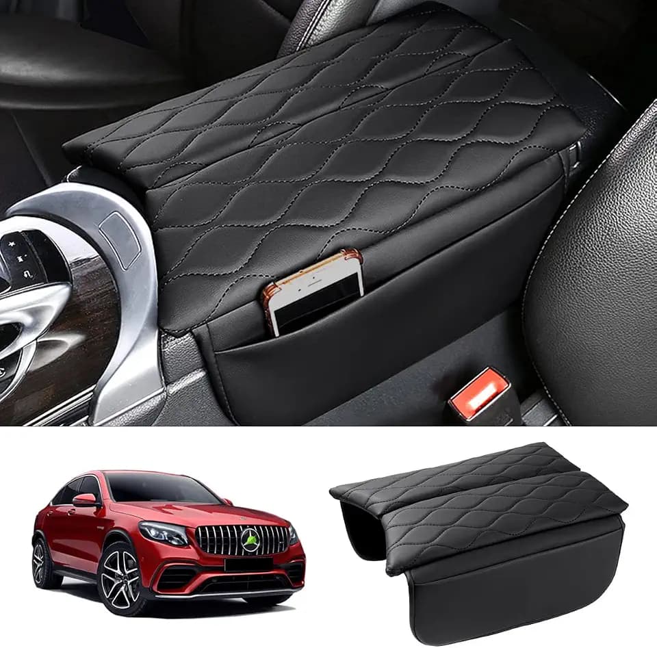 Karltys Center Console Cover for 2015-2021 Mercedes Benz C Class C300 W205 /2016-2022 GLC Class /2019-2024 EQC, Anti-Scratch Leather Waterproof Armrest Console Cover with Storage Pockets (Black)