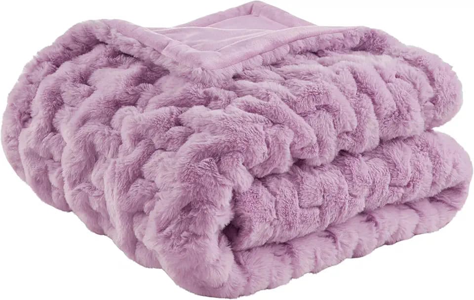 Madison Park Ruched Fur Throw Faux Fur Blanket for Sofa, 50" x 60", Purple