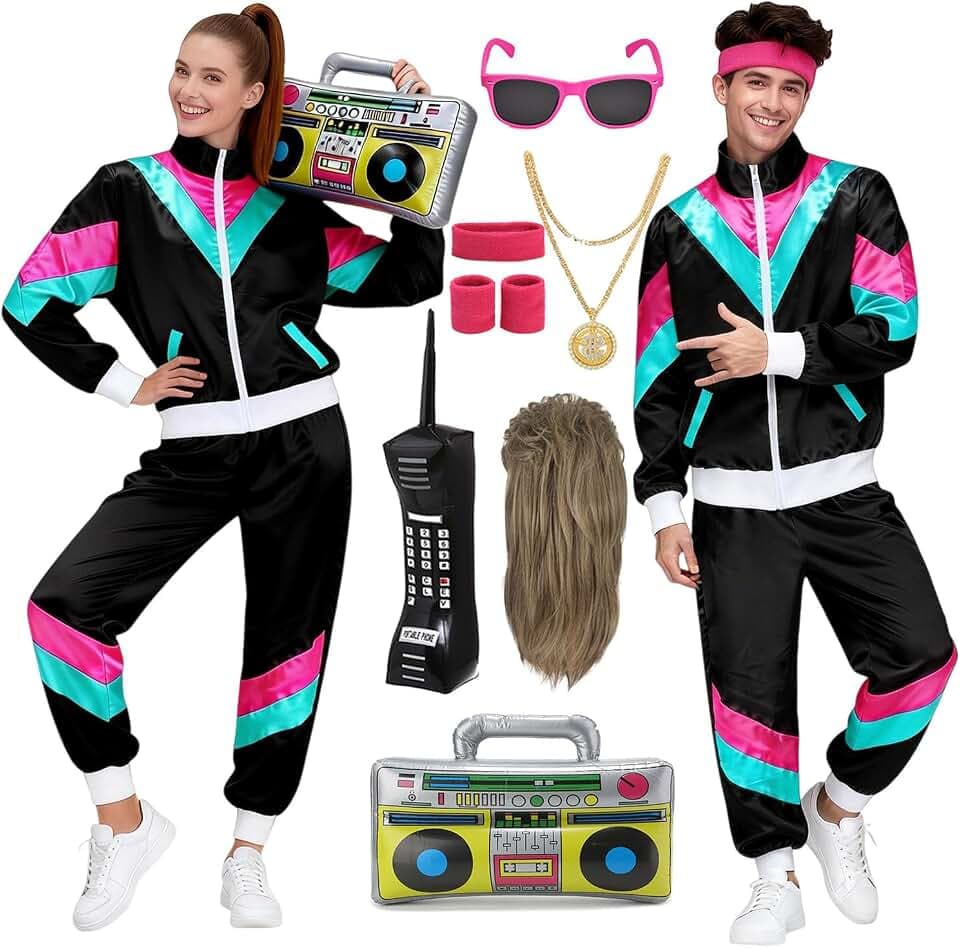 Mrsclaus 80er Jahre Outfit Herren Damen 90er Jahre Jogginganzug Disco Retro Trainingsanzug Herren Kostüm Erwachsene Karneval Fasnacht Gruppen Partnerkostüme Set