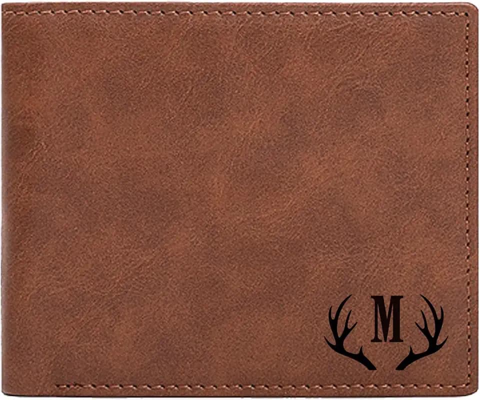 Engraved Initial Leather Wallet, Personalized Gifts for Men Birthday Gift for Men Him Letter M