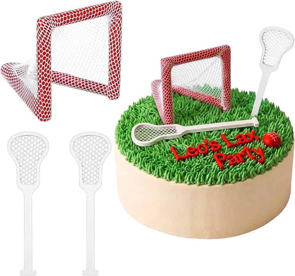 Foilswirl 3 Pcs Lacrosse Cake Topper Lacrosse Birthday Party Decor, Red