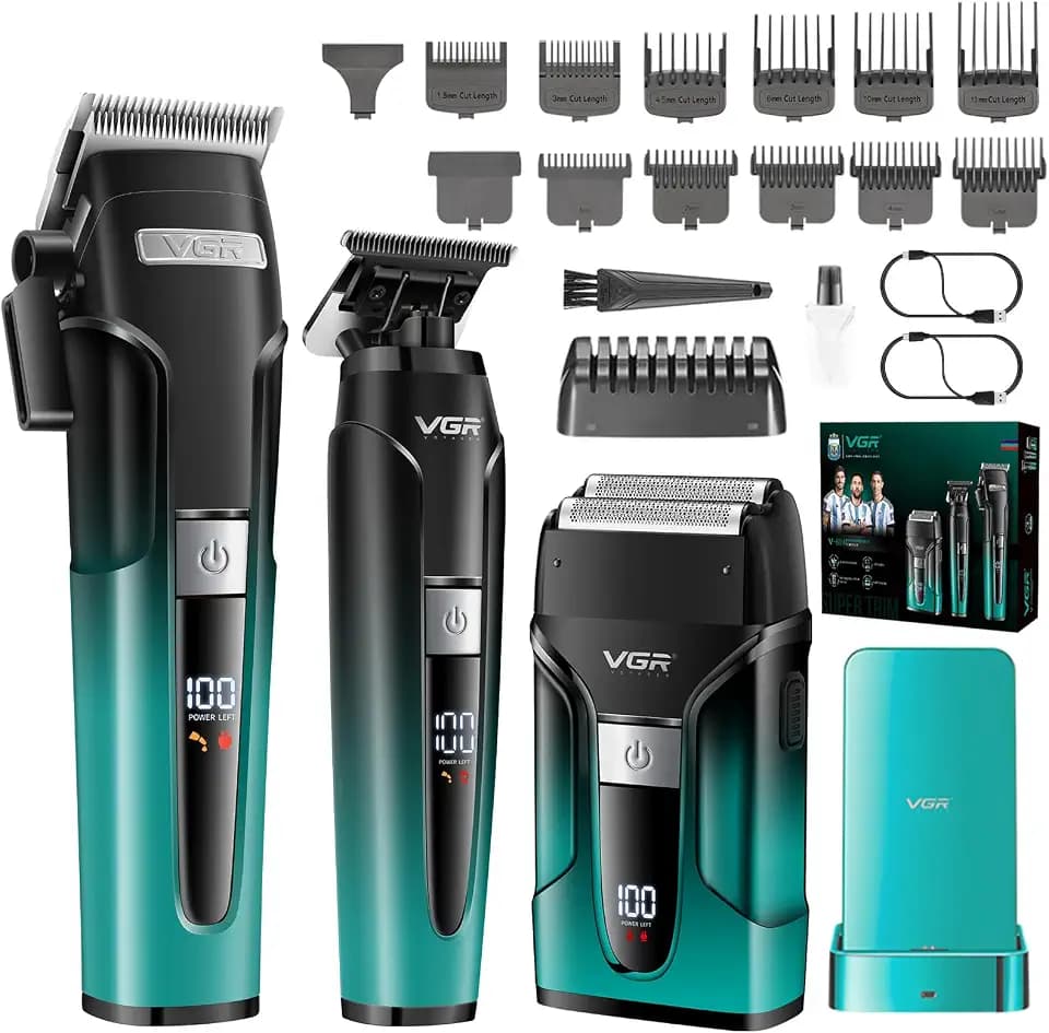 VGR 694 Haarschneidemaschine Profi Set Mit Magnetische Ladestation, Grün | Haarschneider Herren, Trimmer und Rasierer Set Mit LED Display, Barber Set mit Klinge Aus Keramik Kohlenstoffstahl