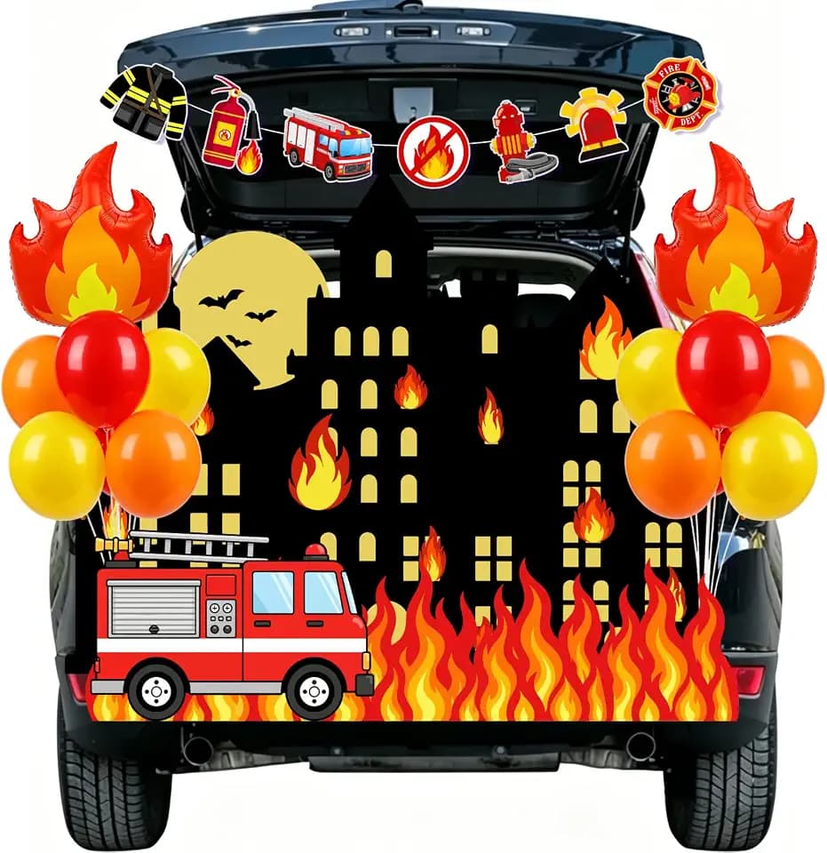 Trunk or Treat Car Decorations Kit for SUV, Fire Halloween Party Decorations Outdoor Fires Flame Backdrop Banner Balloons for Archway Garage Party Supplies