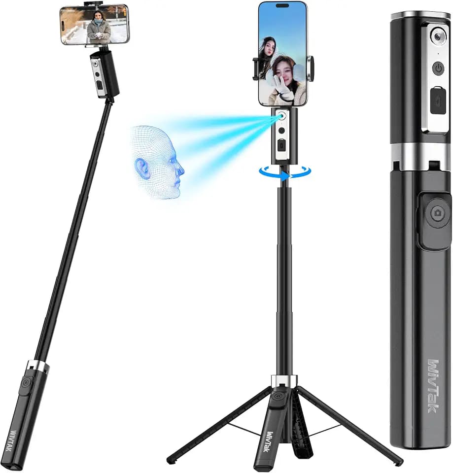 Auto Face Tracking Selfie Stick Tripod for iPhone, Minimalist 360° Rotating AI Tracking Tripod with Wireless Control, 60" Extended Phone Holder for Content Creation Vlogging, Live Streaming