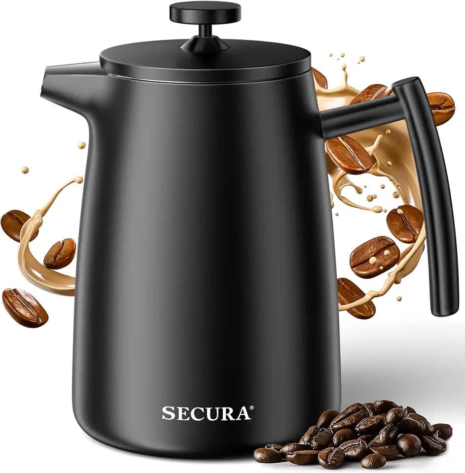 Secura 50oz French Press Coffee Maker – 304 Stainless Steel, Insulated Coffee Press with Extra Filter, Black