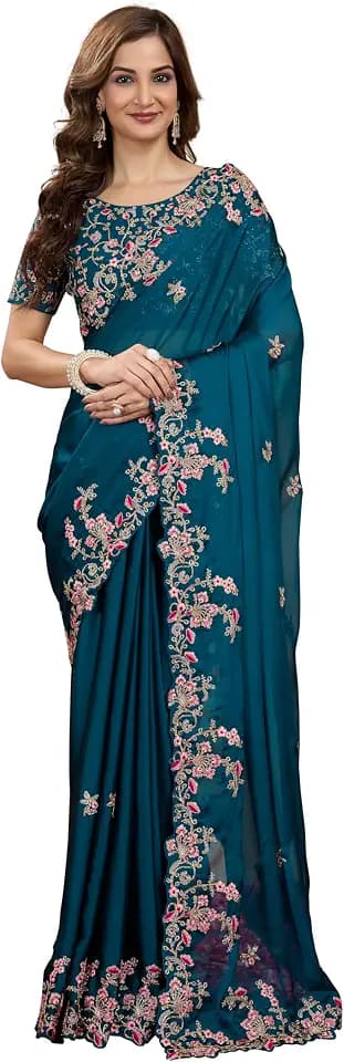 TRENDMALLS Women's Crape Silk Heavy Embroidred Saree with Unstitched Blouse Piece