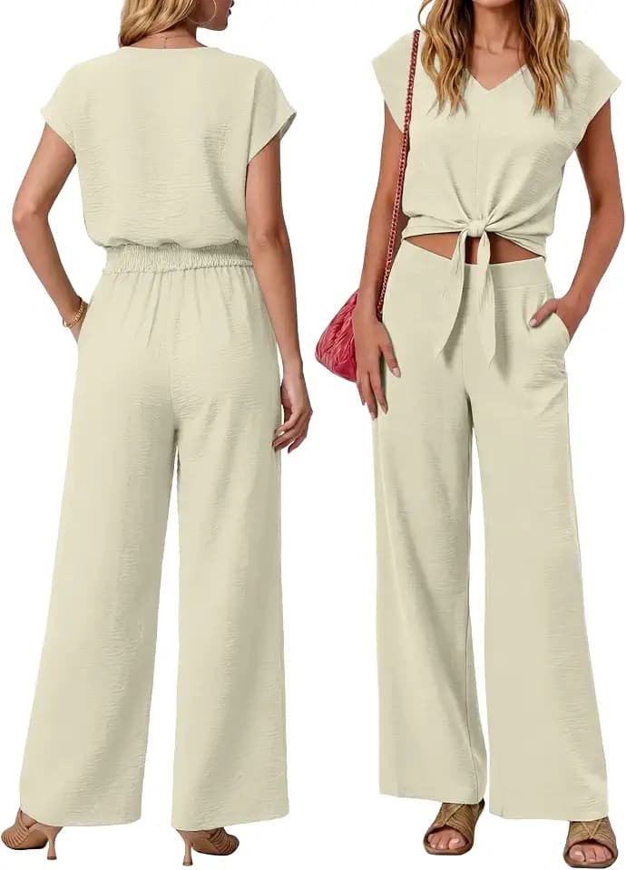 Sixstar Summer Two Piece Set for Womens Button Back Tank Tops Flowy Beach Pants Vacation Outfits Lounge Sets