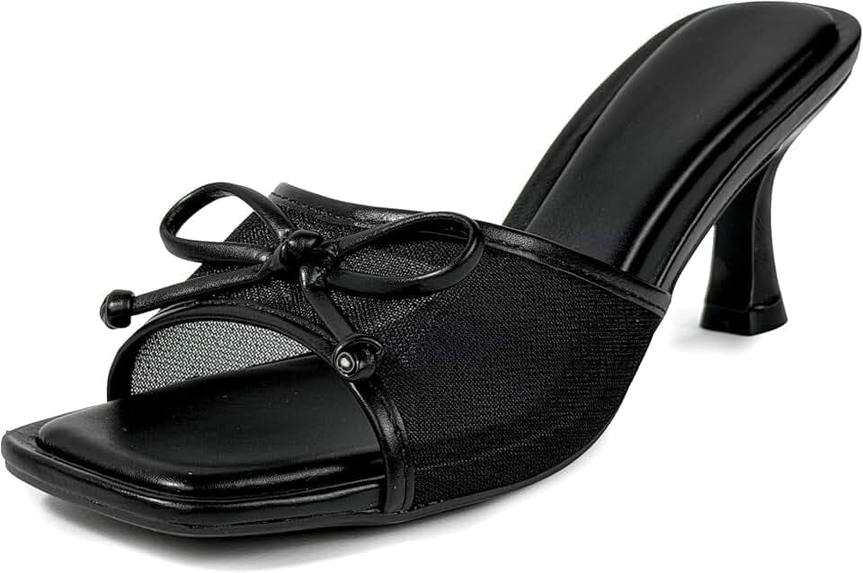 Damen Sandaletten Elegant mit Absatz 7,5 cm High Heel Pantoletten Open Toe mit Schleife Mules Damen Sommer mit eckiger Spitze und Mesh Schuhe für Hochzeit Party Abend