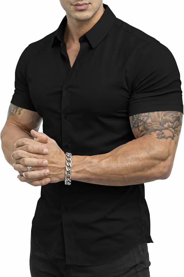 Dokotoo Men Mens Muscle Fit Casual Dress Shirts Short Sleeve High Stretch Wrinkle-Free Button Down Shirt