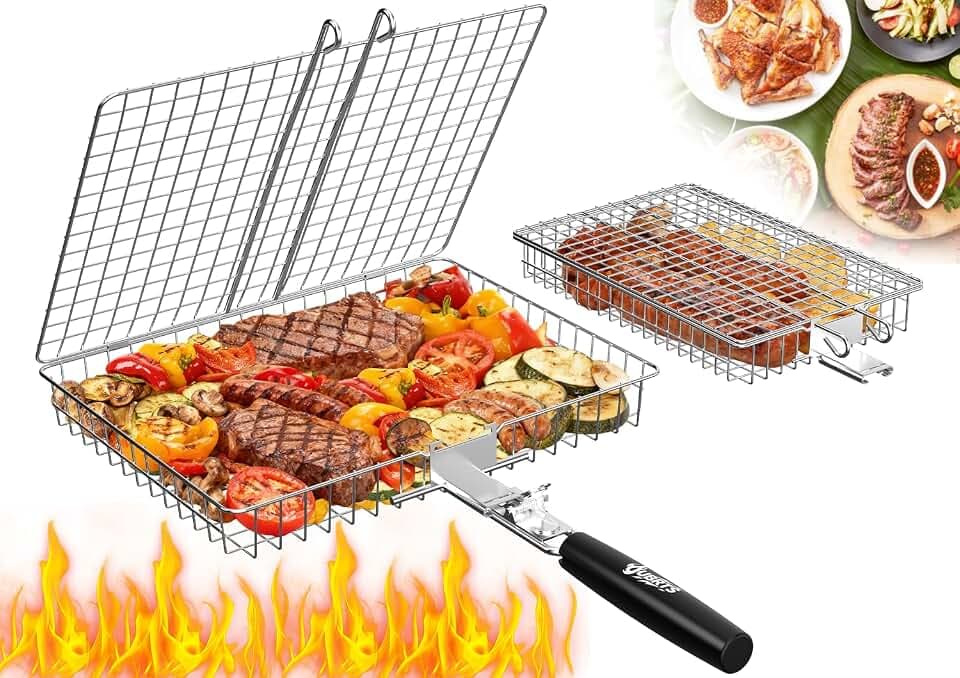 Grill Baskets for Outdoor Grill,Removable Wooden Handle,2PCS