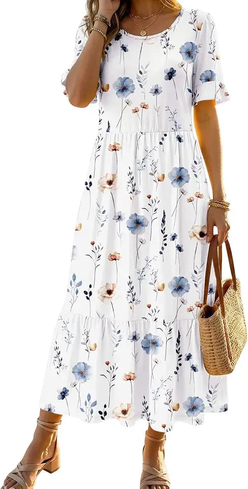 Zeagoo Womens Summer Dresses 2026 Casual Midi Dress Flowy Sundress Ruffle Short Sleeve Tiered Dresses A Line Boho Dress