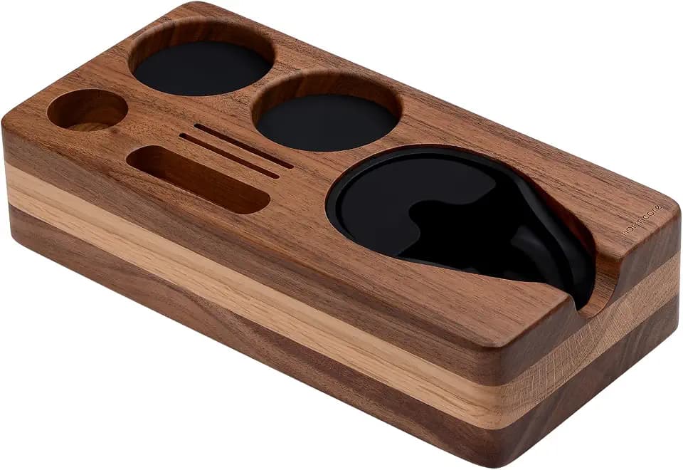 Normcore Espresso-Tampingstation, natürlicher amerikanischer Walnussholz, Kaffee-Tamperstation, Ständer für 58 mm Siebträger, Tamper und Verteiler, Pucksieb, Espresso-Zubehör