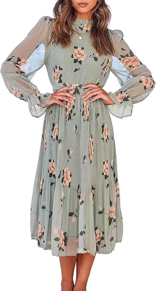 ANRABESS Women Fall Wedding Guest Floral Puff Long Sleeve Midi Dress
