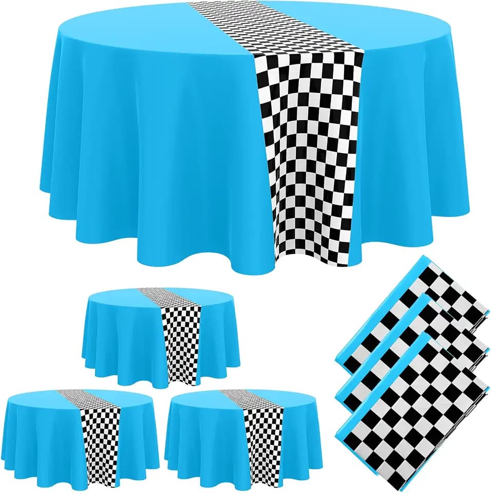 Oudain 3 Pcs Round Race Car Tablecloth Plastic, Light Blue