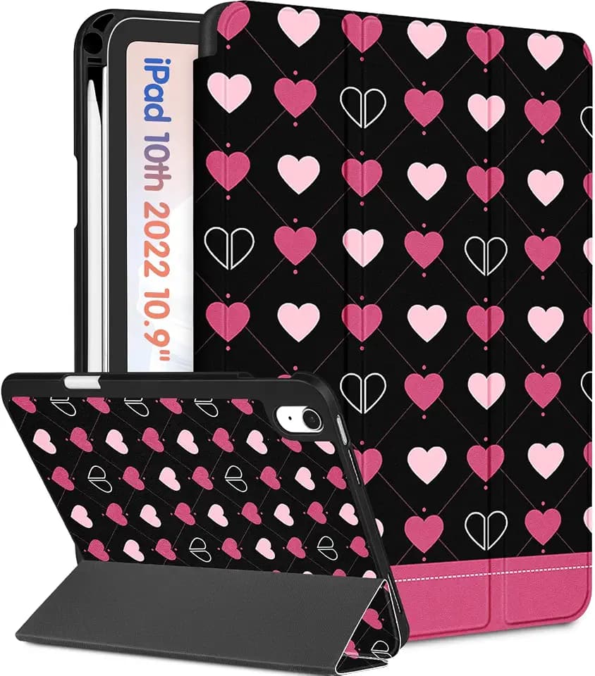 Wazzasoft for iPad A16 Case 2025 - for iPad 10th Generation Case Cute Women Girls Girly Kawaii Teens Heart Design Unique Pencil Holder Auto Sleep/Wake Tablet Cover for Apple 11/10 10.9 Inch