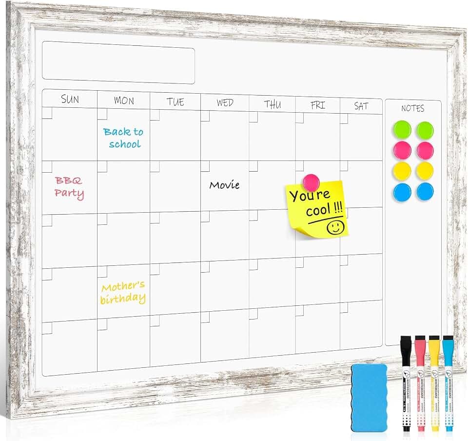 Monthly Dry Erase Calendar Whiteboard for Wall, 36"x24", Rustic Wood Frame