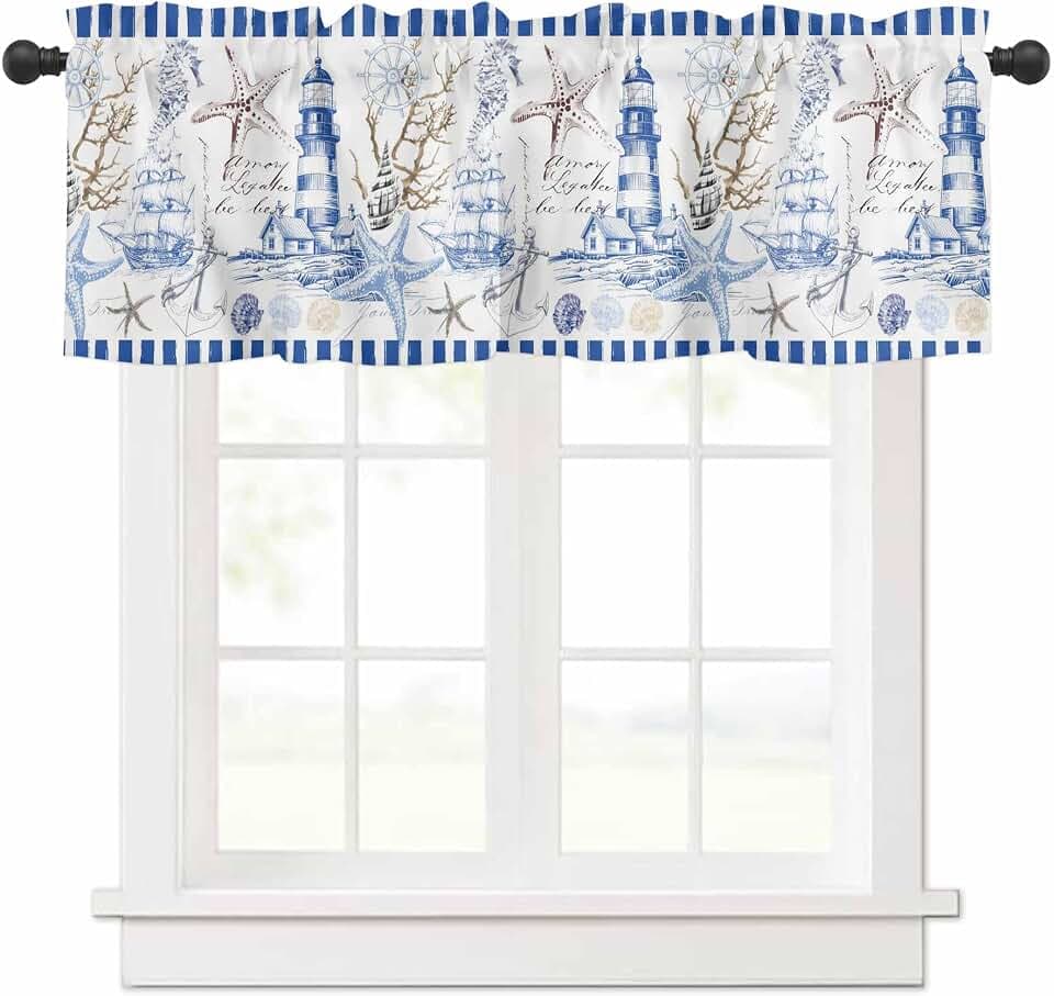 Blue Lighthouse Valance Curtain for Kitchen Windows, Retro Nautical Ocean Tier Curtain Starfish Shell Coral Window Treatment Rod Pocket Valancesfor Bedroom/Living Room/Bathroom, 42x12 Inch