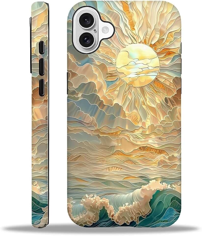 ZHEGAILIAN Case for iPhone 16,Ocean Waves Sun Rays Stained Glass 2 in 1 Hard Shell + Silicone,Shockproof Bumper Drop Protective Compatible with iPhone 16
