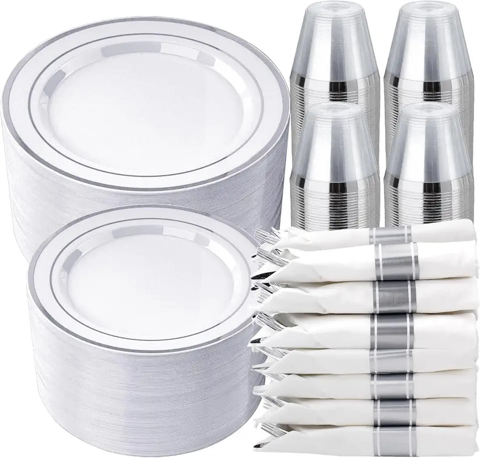 realluck 350 PCS White and Silver Plastic Dinnerware Set for 50 Guests, 100 Disposable Plates for Party, 50 Pre Rolled Napkins with Silver Silverware, 50 Cups