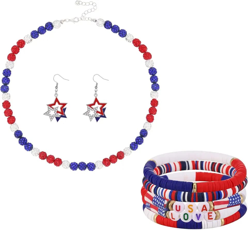 Fourth Of July Earrings Rhinestone American Flag USA Earrings Necklaces Stackable Bracelets Memorial Day Jewelry Set 3PCS