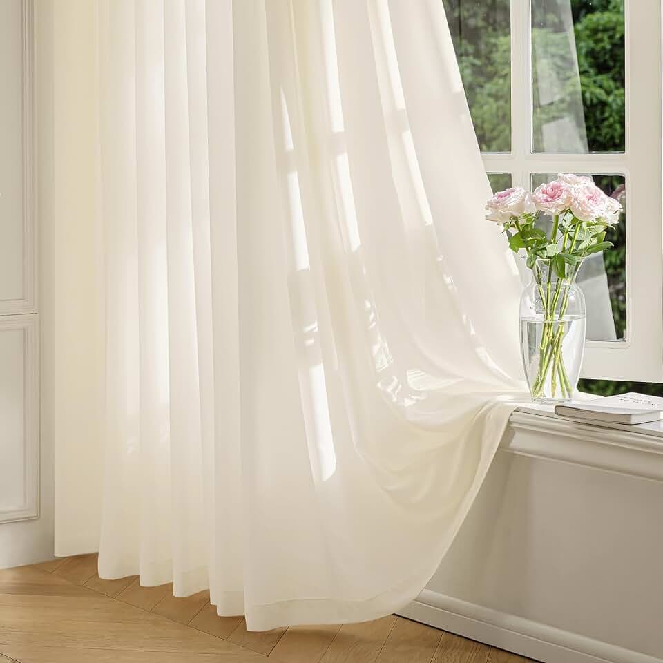 FMFUNCTEX Cream Sheer Curtains, 96 Inch, Rod Pocket, 2 Panels for Bedroom
