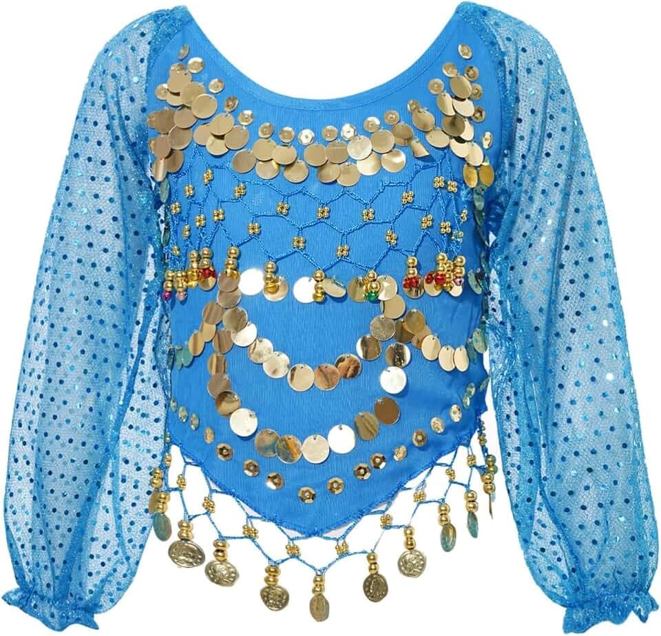 Bauchtanz-Top für Frauen, Puff-Langarm-Chiffon-Pailletten-Tanz-Shirts, Glitzermünzen, Quasten, Bluse für Festival, Clubbing, selbstbindend, Tribal-Crop-Top für Bauchtanz-Performance-Outfit