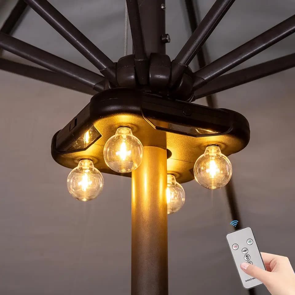 Battery Operated Patio LED Umbrella Light with G40 Bulbs, 3 Brightness Cordless Umbrella Pole Lights for Backyard, Camping Tents, BBQ or Indoor Use