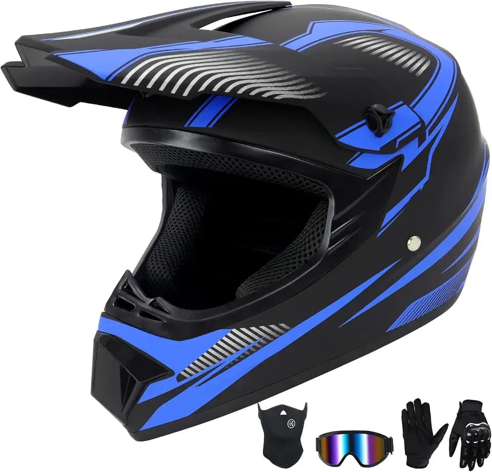 Youth Kids Dirt Bike Helmet Full Face Helmets,Motorcycle Helmets for Boys and Girls 8-14,Includes (Gloves Goggles Mask) 4Pcs Set,Motocross Bike Helmet for Off-Road ATV BMX MX,DOT Approved (Blue,XL)