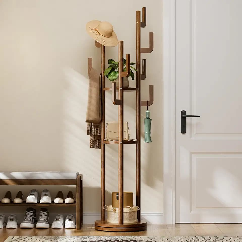 Yoobure Rotary Coat Rack Freestanding - Solid Wood Coat Tree with 9 hooks & 3 Storage Shelves for Purse, Bag, Jacket, Hat, Corner Hanger Stand Racks for Hall, Entryway, Office, Modern Clothes Holder
