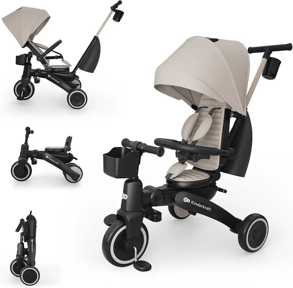 Kinderkraft Jazz 3 Dreirad faltbar ab ca. 9 Monaten bis 25 kg, 360° drehbarer Sitz, Halbliegeposition vorwärts/rückwärts, UPF 50+ Verdeck wasserabweisend, Freilauf & Lenkermodus, Beige