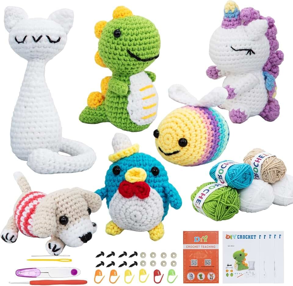 KIECIK Crochet Knitting Kit for Beginners – 6 PCS Crochet Animal Kit