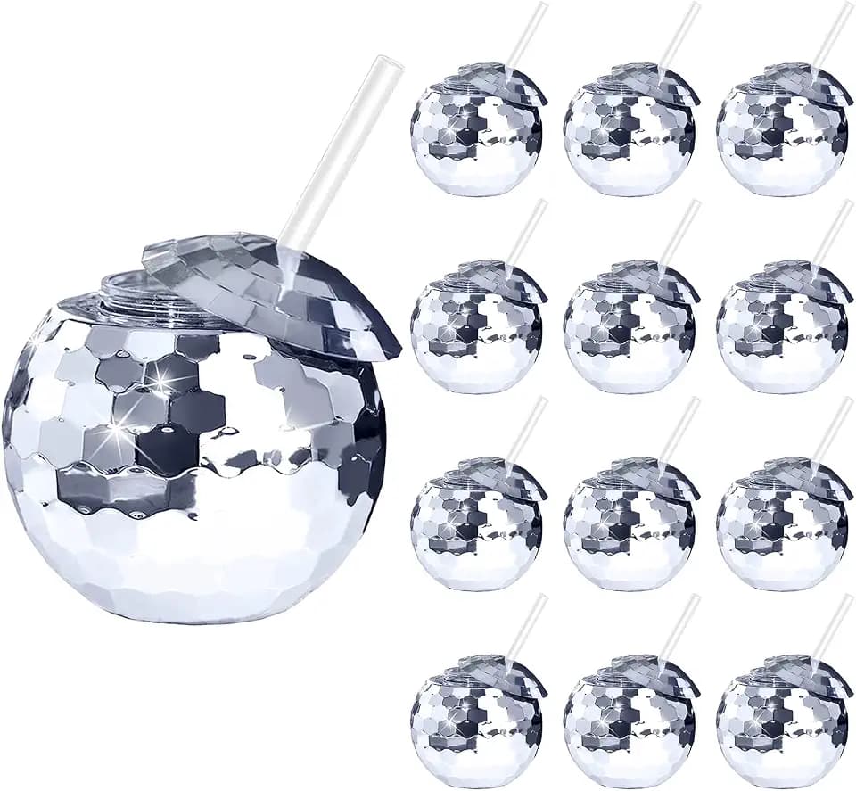 Disco Ball Cups, 20OZ Disco Party Cups with Lid and Reusable Straw Flash Ball Cocktail Cup for Party Nightclub Bar Supplies Wine Drinking Syrup Tea Bottle (12, Sliver)