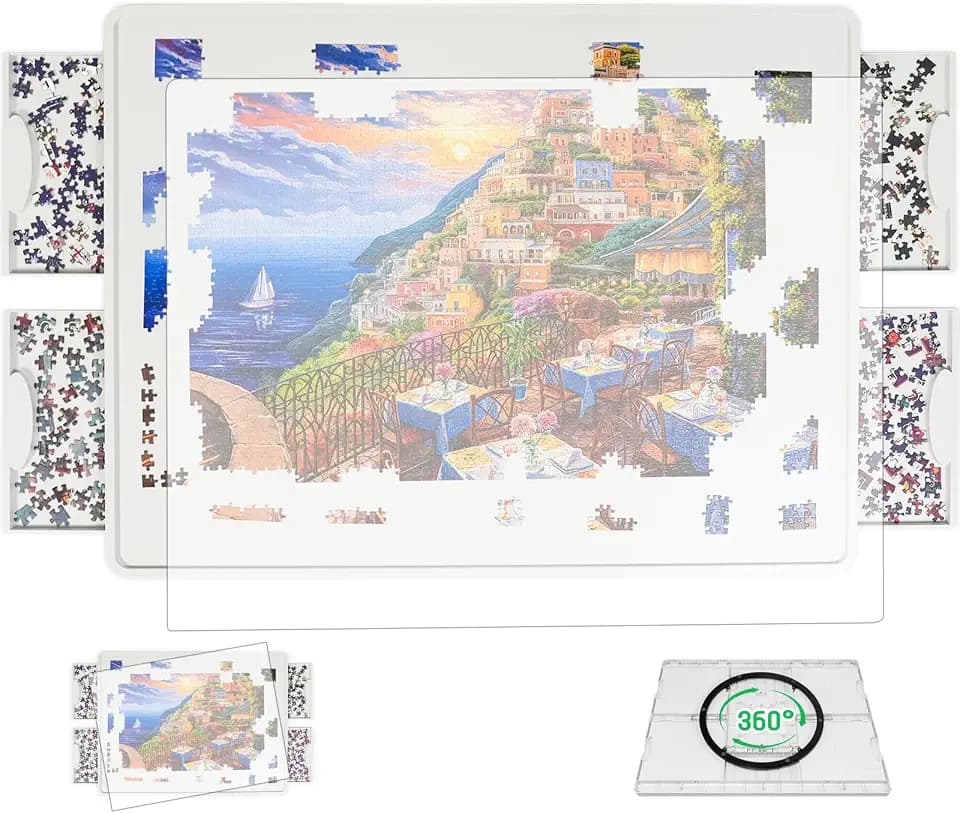 BuilderButler Lightweight 1000 Pieces Rotating Puzzle Board with 4 Sliding Drawers and Cover – 360° Lazy Susan Spinning, 30.2"x22.44" Portable Plastic Puzzle Table for Puzzling, Diamond Painting