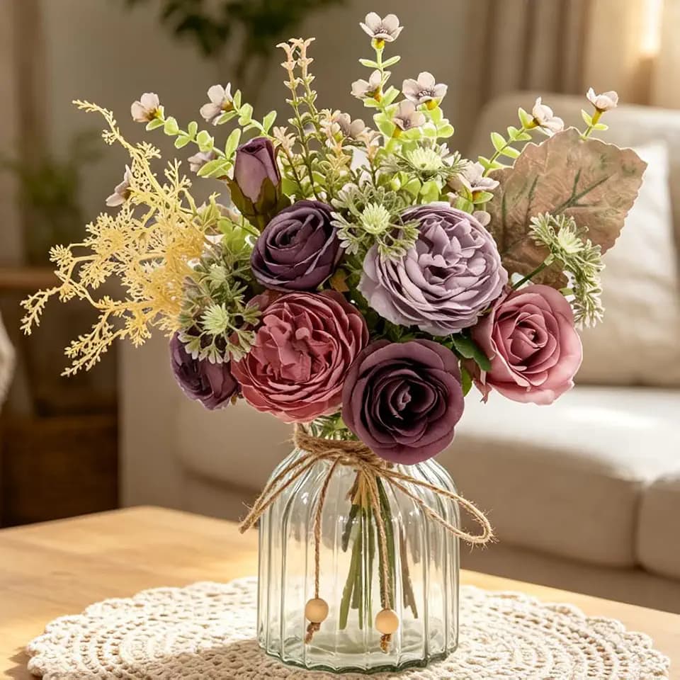 LESING Fake Artificial Flowers with Vase Faux Silk Flower Bouquet in Glass Vase Rose Floral Arrangements Flower for Home Office Decoration, Dining Table Centerpiece (Purple)