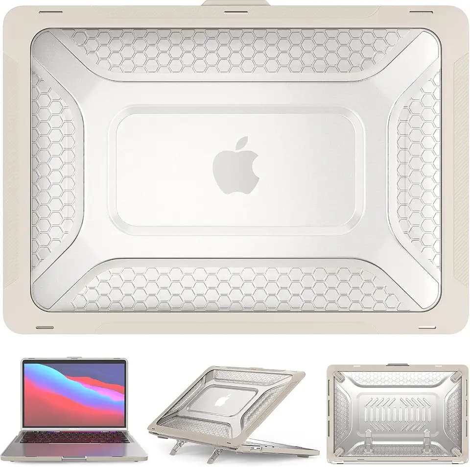 Heavy Duty Rugged Case for MacBook Pro 13 inch 2022-2016 M2 M1 A2338 A2251 A2289 A2159 A1989 A1708 A1706, Honeycomb Design TPU Bumper Protective Hard Shell with Kickstand & Keyboard Cover, Beige